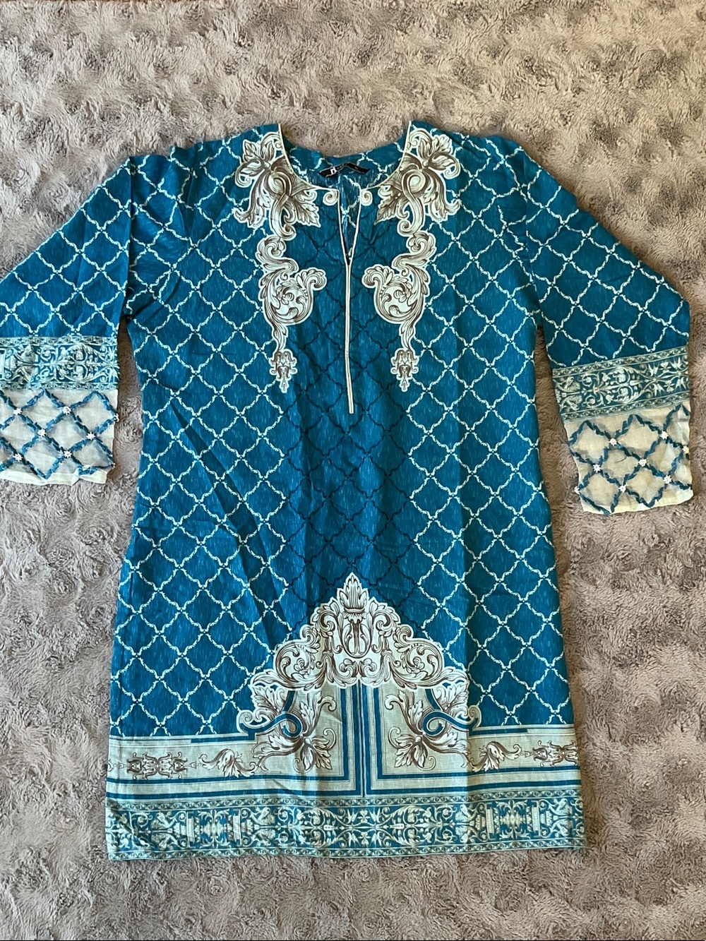 Women’s Teal Embroidered-Print Tunic Top / Kurta Dress